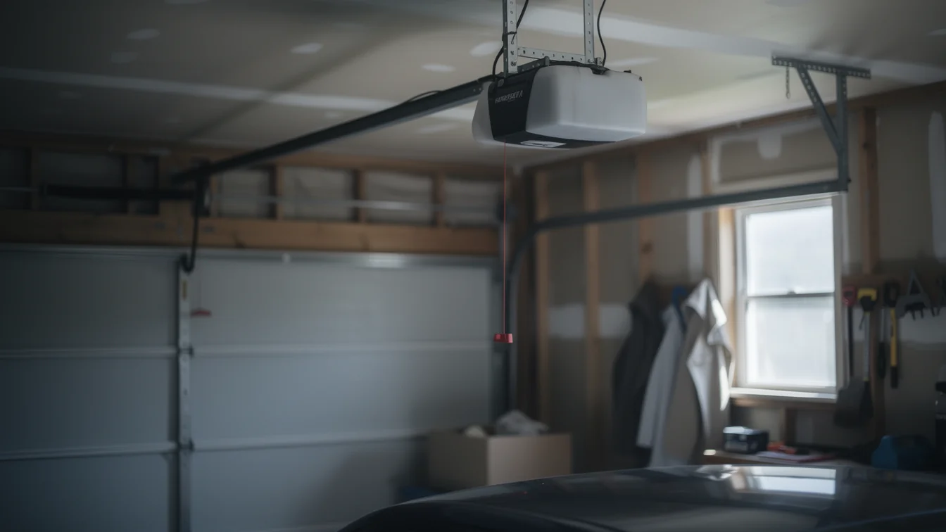 A garage door opener is mounted to the ceiling above a closed garage door.