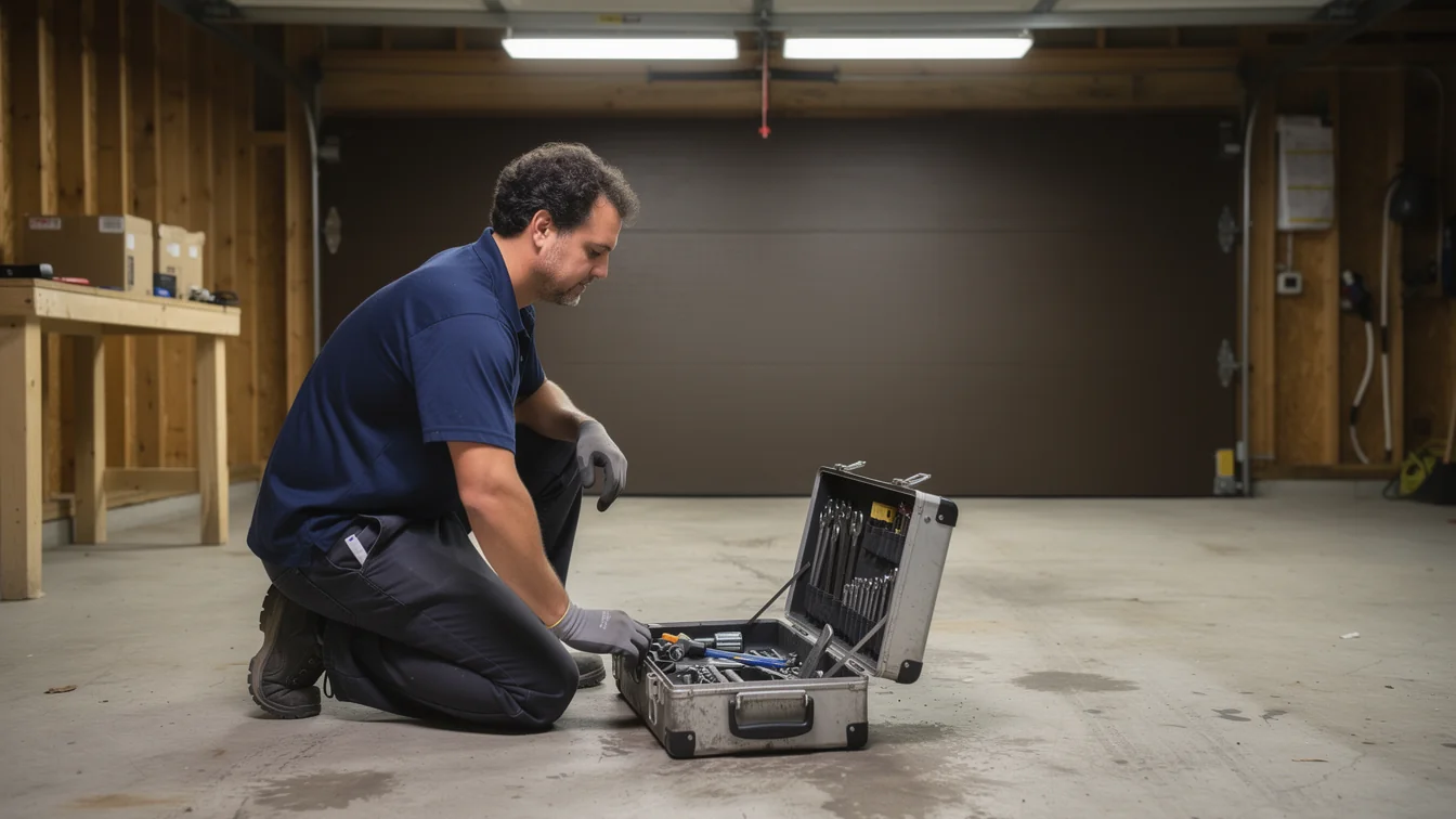 A technician kneels on a concrete garage floor, looking into an open toolbox.
