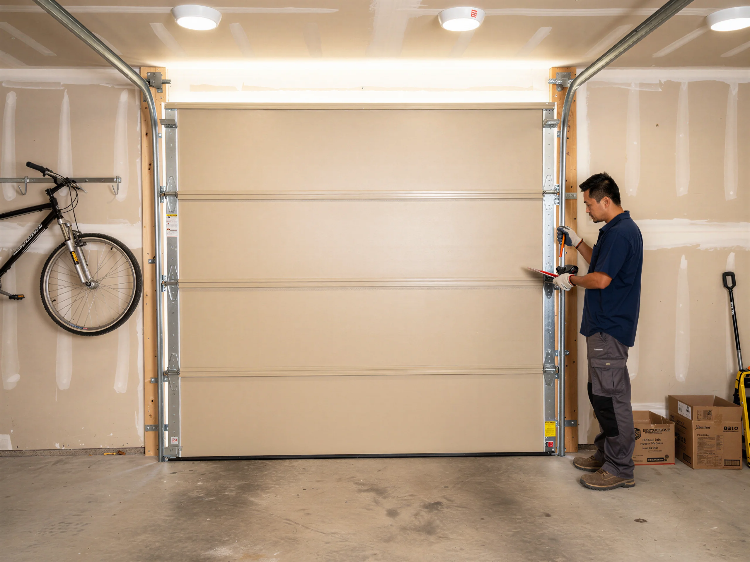 A technician inspects a closed tan garage door with a bicycle hanging on the left wall.